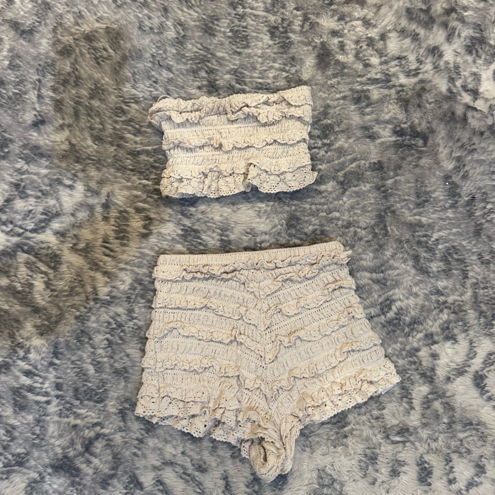 ZARA Cream Lace Ruffled Top and Short Set